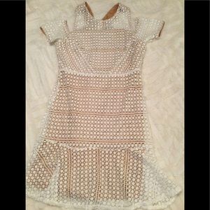 INA peekaboo shoulder dress creme with nude lining gorgeous details SZ Med NWOT